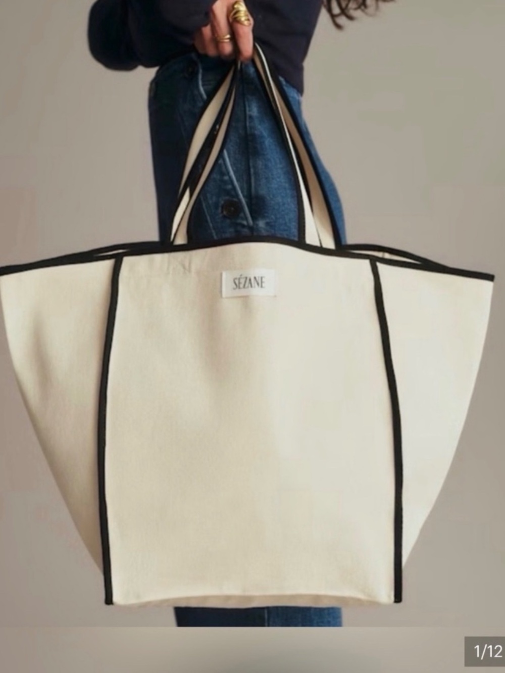Sezane Canvas Tote Bag in Natural with Black Trim